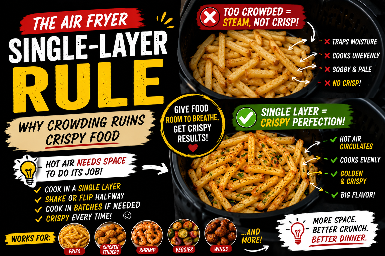 Graphic explaining the air fryer single-layer rule, comparing crowded soggy fries with single-layer crispy fries.