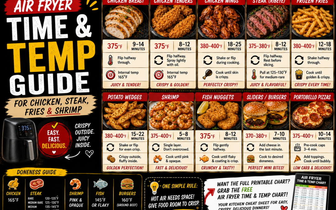 Air Fryer Time and Temperature Guide for Chicken, Steak, Fries, and Shrimp