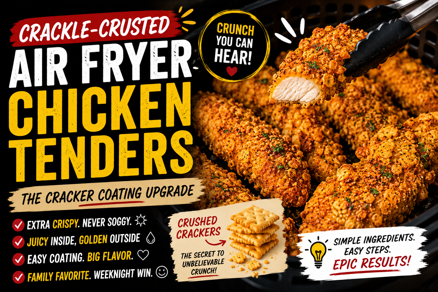 Crackle-Crusted Air Fryer Chicken: The Cracker Coating Upgrade Crackle-crusted air fryer chicken tenders graphic with cracker coating and crispy chicken in an air fryer basket