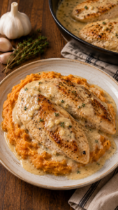 Creamy Garlic Chicken with Mashed Sweet Potatoes recipe