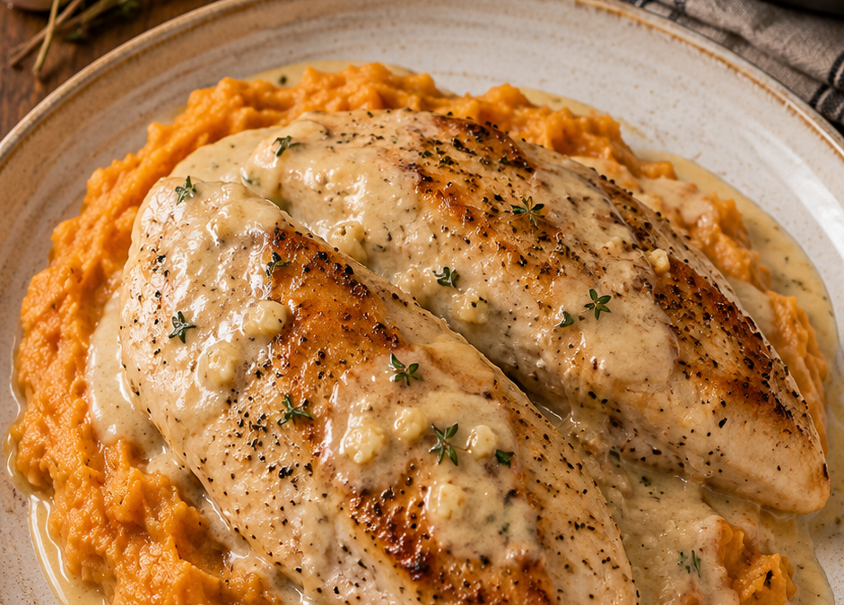 Creamy Garlic Chicken with Mashed Sweet Potatoes recipe