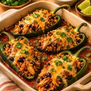 Chicken Enchilada Stuffed Poblanos recipe
