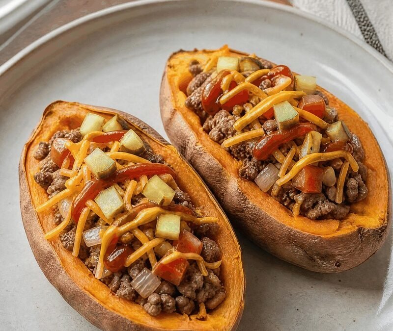 Cheeseburger Stuffed Sweet Potatoes recipe