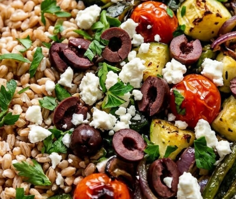 Mediterranean Farro Salad with Roasted Veggies & Feta