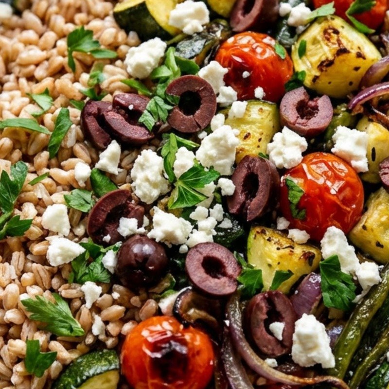 Mediterranean Farro Salad with Roasted Veggies & Feta recipe