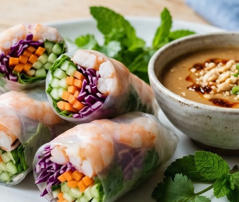 Shrimp & Cabbage Spring Rolls with Peanut Dip