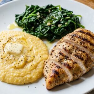 Grilled Chicken with Creamy Polenta and Spinach