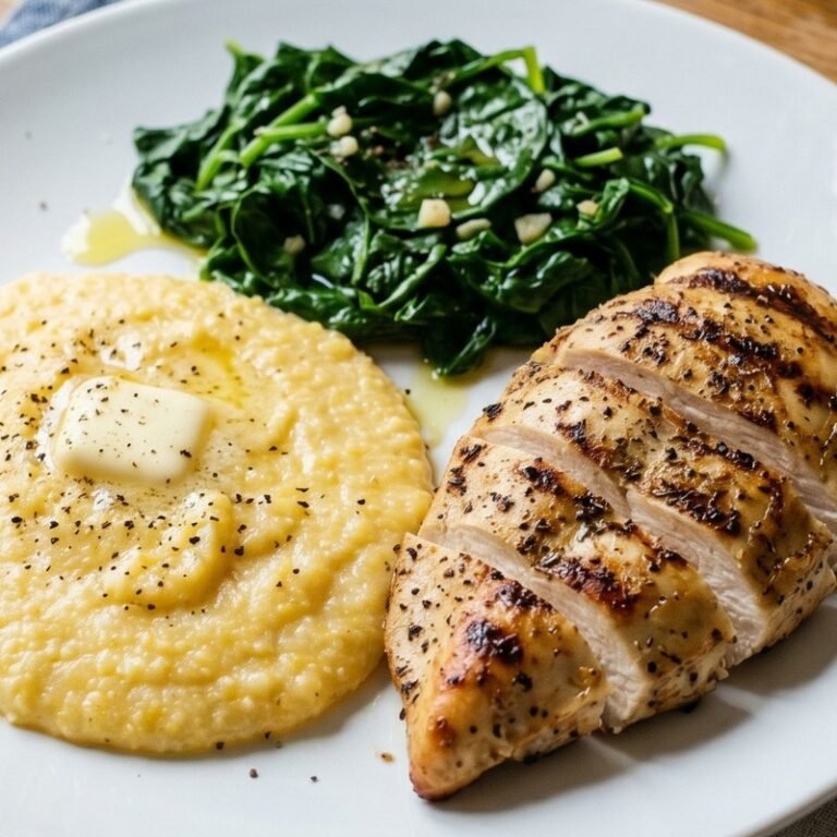 Grilled Chicken with Creamy Polenta and Spinach