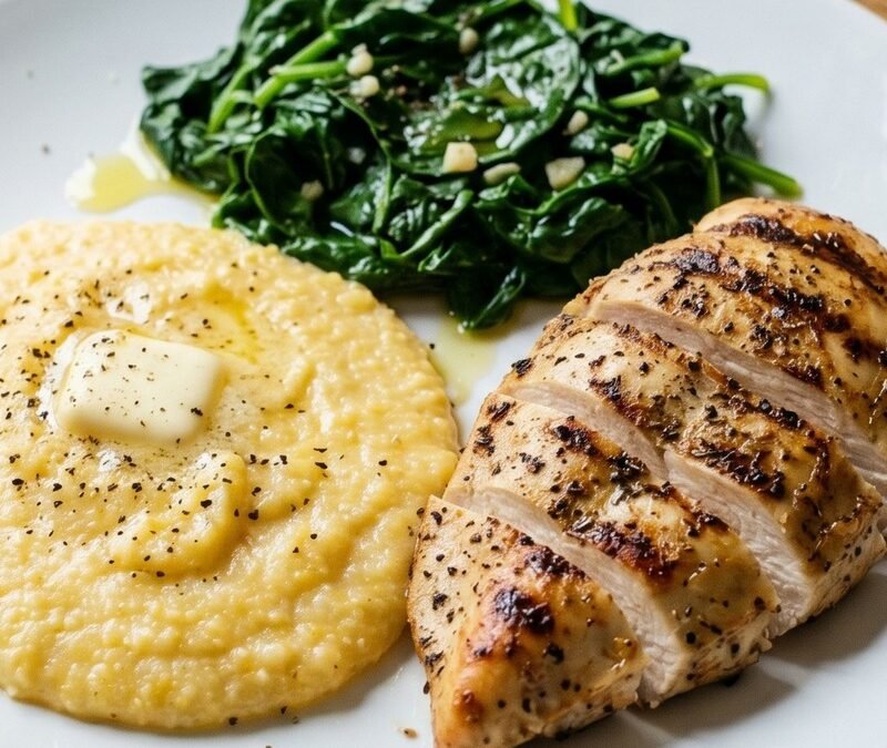 Grilled Chicken with Creamy Polenta and Spinach