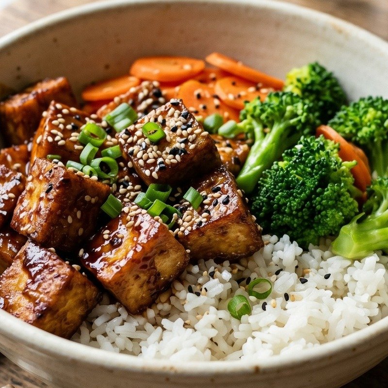 Sticky Tofu Bowl with Sesame Sauce & Rice recipe