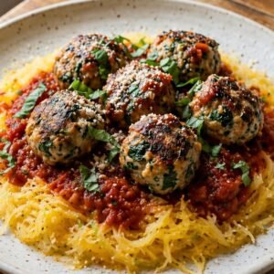 Spinach Turkey Meatballs with Marinara & Spaghetti Squash