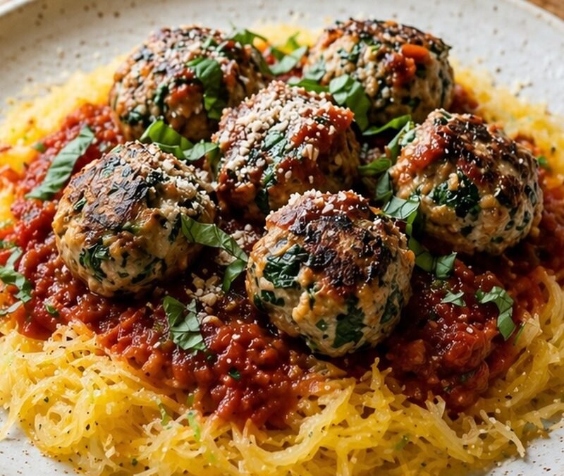 Spinach Turkey Meatballs with Marinara & Spaghetti Squash