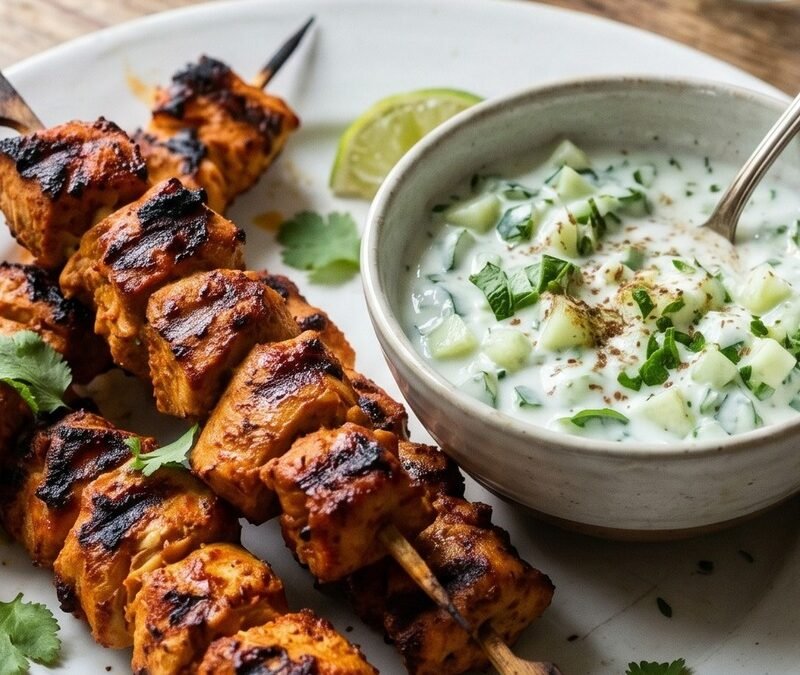 Tandoori Turkey Skewers with Cucumber Raita