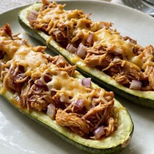 BBQ Pulled Chicken Stuffed Zucchini Boats