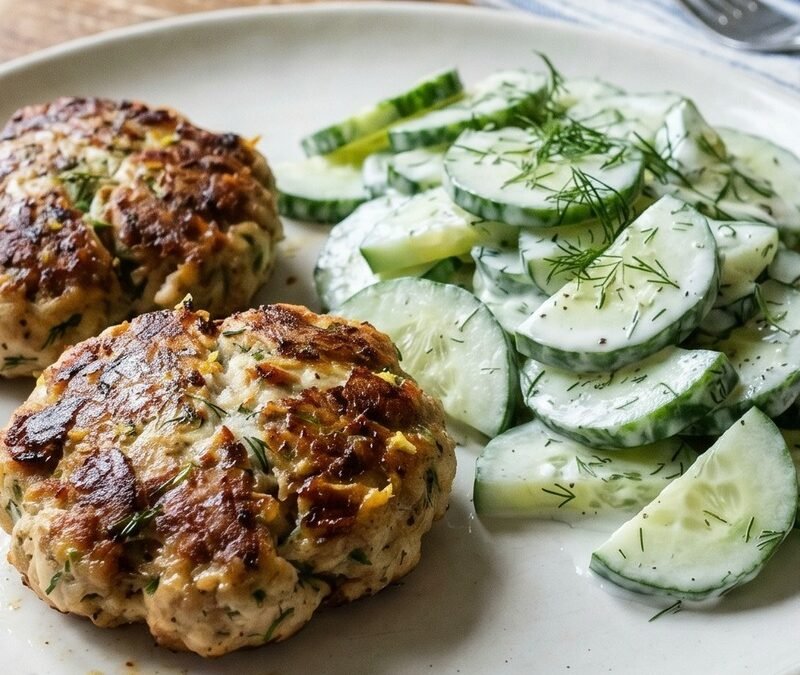 Lemon-Dill Turkey Patties with Cucumber Salad