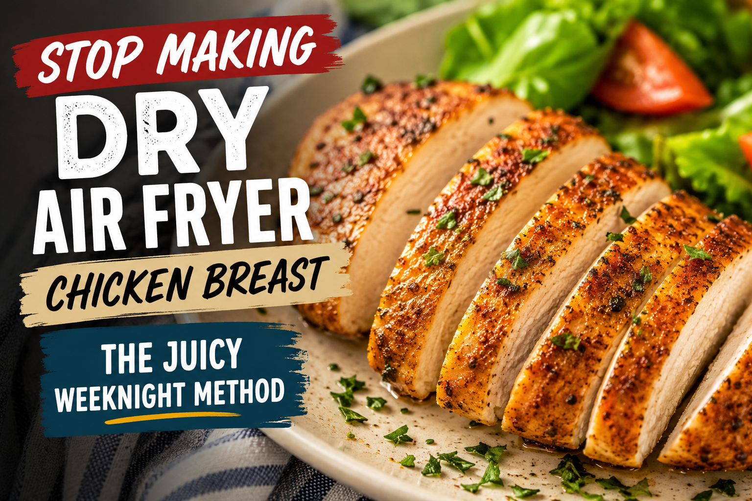 Stop Making Dry Air Fryer Chicken Breast Sliced juicy air fryer chicken breast with headline text Stop Making Dry Air Fryer Chicken Breast