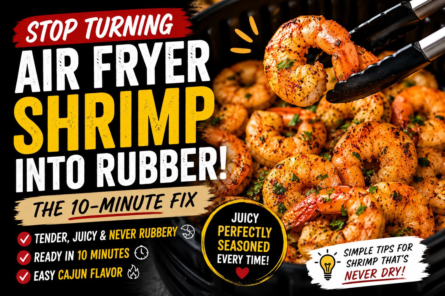 Air fryer shrimp graphic with cooked shrimp and headline Stop Turning Air Fryer Shrimp Into Rubber The 10-Minute Fix