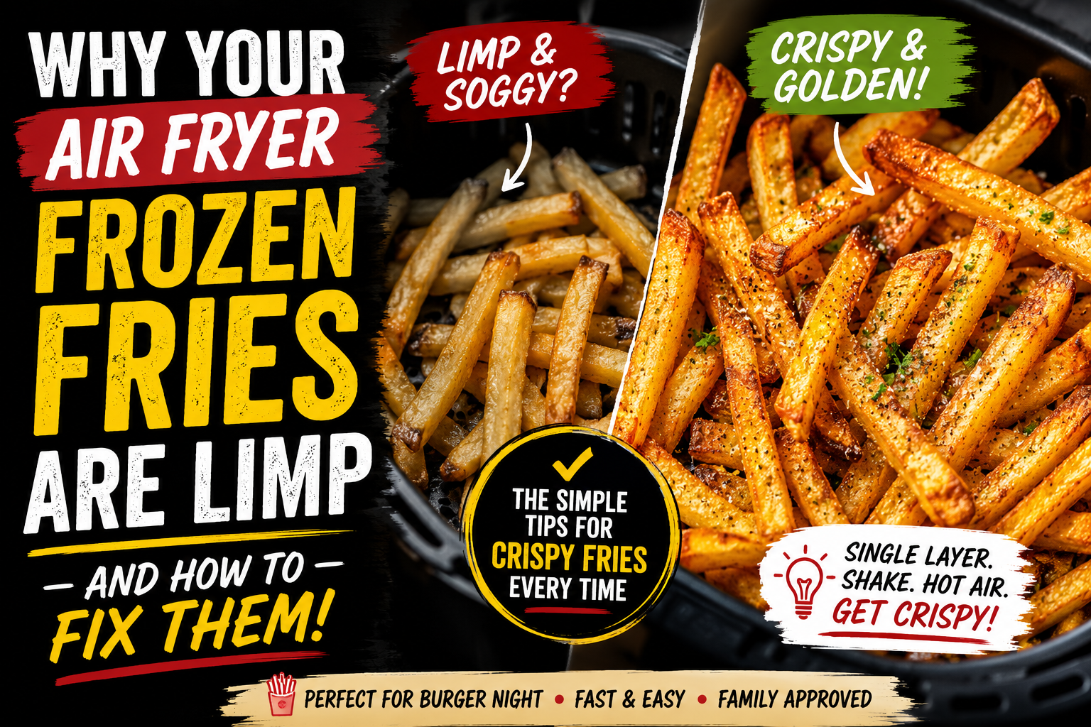 Air fryer frozen fries before and after graphic showing limp soggy fries versus crispy golden fries