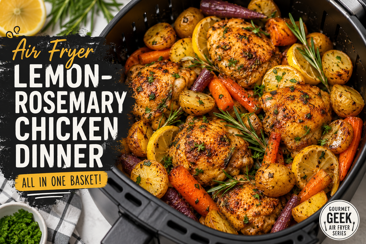 Air Fryer Lemon-Rosemary Chicken Dinner Air fryer lemon-rosemary chicken dinner with potatoes, carrots, lemon slices, and rosemary in one basket